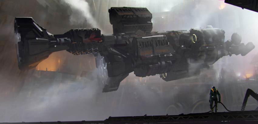 absurdres astronaut engineer fog hangar harbor highres matt_allsopp original realistic science_fiction signature smoke solo spacecraft spacesuit steam takeoff tube