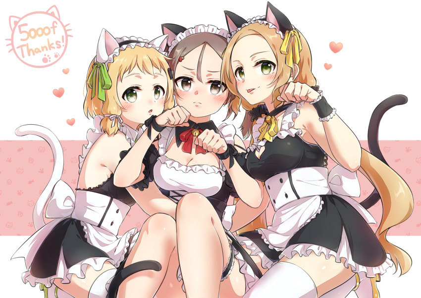 3girls animal_ears apron back_bow bell black_ribbon black_skirt black_wrist_cuffs blonde_hair blush bow breasts brown_eyes brown_hair cat_ears cat_tail cleavage cleavage_cutout closed_mouth clothing_cutout detached_collar eda_udon embarrassed fake_animal_ears frilled_apron frilled_skirt frills green_eyes green_ribbon hair_between_eyes hair_ornament hair_ribbon heart heart_hair_ornament highres inubouzaki_fuu inubouzaki_itsuki long_hair maid_headdress medium_breasts milestone_celebration miniskirt miyoshi_karin multiple_girls neck_bell neck_ribbon open_mouth paw_pose red_ribbon ribbon short_hair sidelocks skirt tail thighhighs tongue tongue_out very_long_hair waist_apron white_apron white_bow white_ribbon white_thighhighs wrist_cuffs wrist_ribbon yellow_ribbon yuuki_yuuna_wa_yuusha_de_aru yuusha_de_aru zettai_ryouiki