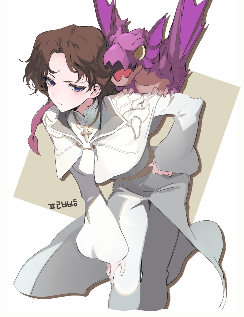 1girl absurdres animal animal_on_shoulder baby blue_eyes blush brown_hair commentary dragon frown half-skirt hand_on_own_hip hand_on_own_thigh harry_potter:_magic_awakened harry_potter:_magic_awakened_design_award harry_potter_(series) highres korean_text leaning_forward looking_at_viewer original pants shirt short_hair simple_background translation_request user_njxs7334 white_pants white_shirt wings wizarding_world