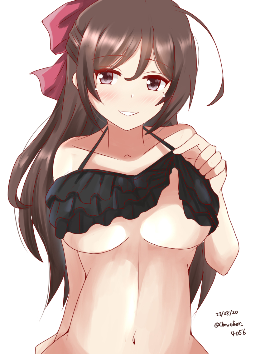 1girl bikini bikini_top_lift black_bikini blush bow breasts brown_hair clothes_lift dated frilled_bikini frills hair_bow highres kantai_collection large_breasts lifting_own_clothes long_hair looking_at_viewer mamiya_(kancolle) navel official_alternate_costume one-hour_drawing_challenge red_bow sawatani_(chevalier_04056) smile solo swimsuit twitter_username underboob upper_body