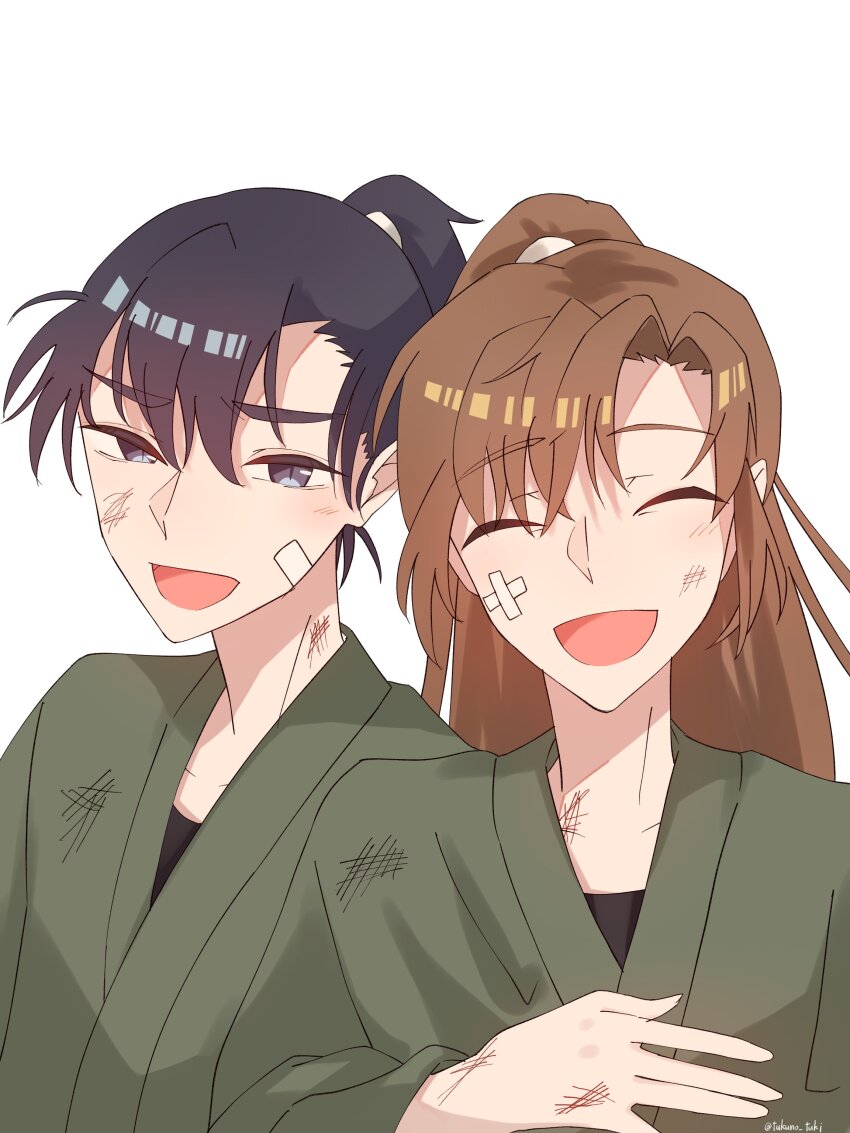 2boys absurdres bandaid bandaid_on_face black_eyes black_hair brown_hair closed_eyes closed_mouth commentary_request green_kimono highres injury japanese_clothes kema_tomesaburou kimono long_hair looking_at_viewer male_focus multiple_boys open_mouth ponytail rakudai_ninja_rantarou scrape simple_background smile tsukuno_tsuki twitter_username white_background zenpouji_isaku