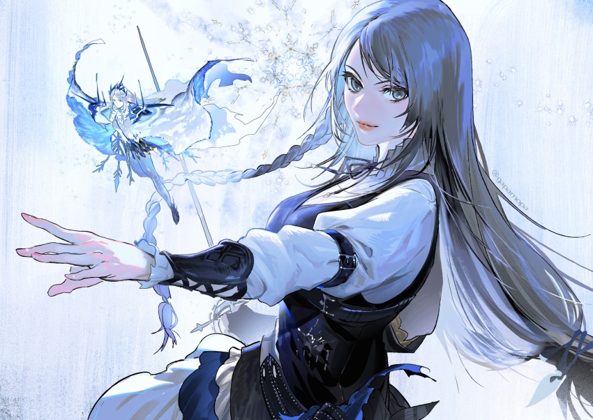 braid breasts dual_persona final_fantasy final_fantasy_xvi flying frills gapamopa grey_eyes highres holding holding_weapon jill_warrick large_breasts looking_at_viewer rapier shiva_(final_fantasy) simple_background snowflakes sword weapon