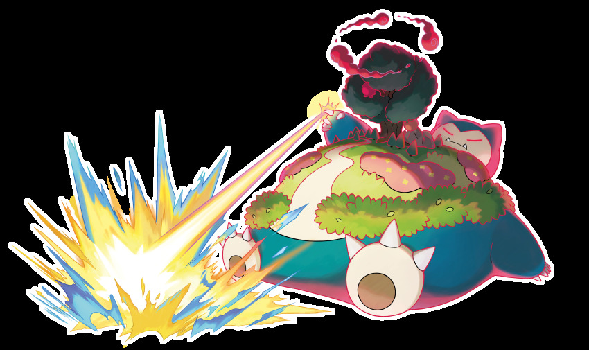 absurdres annoyed artist_request bush claws closed_mouth dynamax explosion fangs full_body gen_1_pokemon gigantamax gigantamax_snorlax glowing glowing_eyes grass half-closed_eyes hand_up highres huge_filesize laser lying nintendo no_humans official_art on_back outline pointing pokemon pokemon_(creature) pokemon_swsh red_eyes simple_background smoke snorlax solo transparent_background tree white_outline
