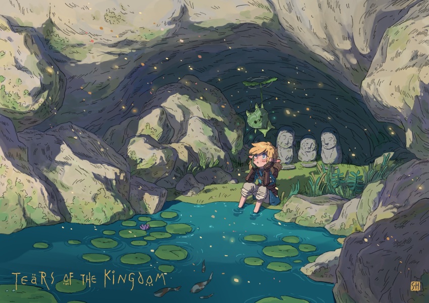 absurdres cave champion&#039;s_tunic_(zelda) fireflies flower hand_on_own_chin highres koi korok lily_(flower) lily_pad link looking_at_viewer looking_to_the_side nintendo on_ground pond purple_flower shuangshuanghao statue the_legend_of_zelda the_legend_of_zelda:_tears_of_the_kingdom water_lily_flower