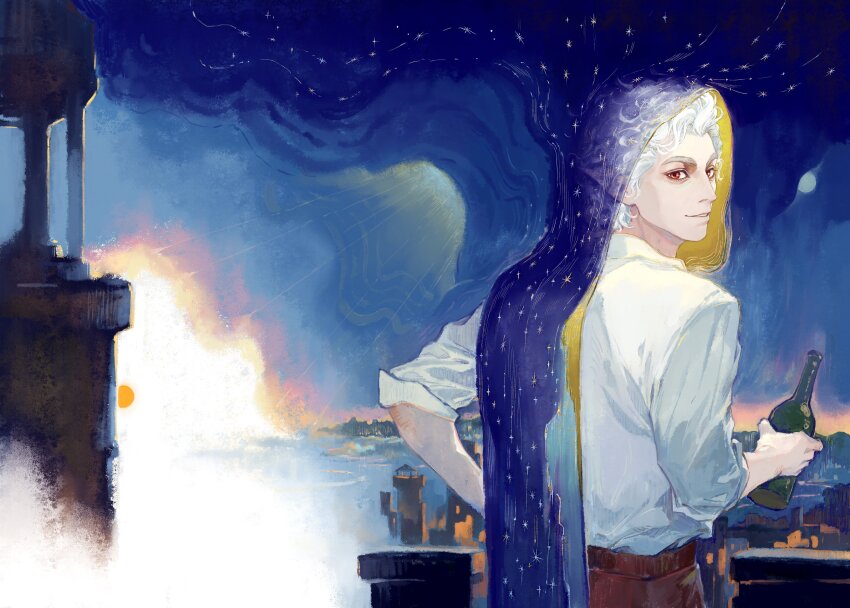 1boy abstract absurdres astarion baldur&#039;s_gate baldur&#039;s_gate_3 bottle cityscape dungeons_&amp;_dragons elf from_behind highres holding holding_bottle kuzen light_rays looking_at_viewer looking_back pale_skin pointy_ears red_eyes shirt sky sleeves_rolled_up solo star_(sky) starry_sky sunbeam sunlight white_hair white_shirt wine_bottle