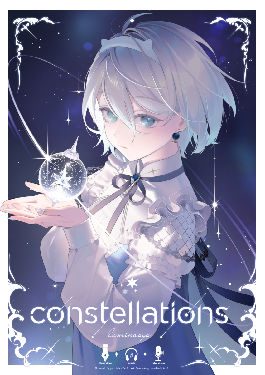 1girl blue_eyes brooch closed_mouth collar commentary_request earrings english_text fingernails grey_hair grey_ribbon highres holding jewelry long_sleeves looking_at_viewer nail_polish neck_ribbon ohisashiburi original ribbon shirt short_hair simple_background solo sparkle star_(sky)