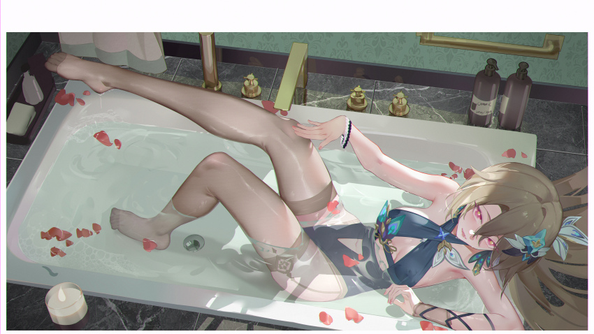 1girl absurdres adapted_costume bare_shoulders bathtub black_bodysuit black_thighhighs blush bodysuit breasts candlestand center_opening chinese_commentary chromatic_aberration clothing_cutout comet-c commentary_request criss-cross_halter feet from_above grey_thighhighs hair_between_eyes hair_ornament hair_spread_out halterneck hand_on_own_knee highres honkai_(series) honkai_impact_3rd indoors large_breasts leg_up looking_at_viewer navel navel_cutout no_shoes open_mouth red_petals smile solo thighhighs thighs toes vita_(honkai_impact) vita_(lone_planetfarer)_(honkai_impact) wet