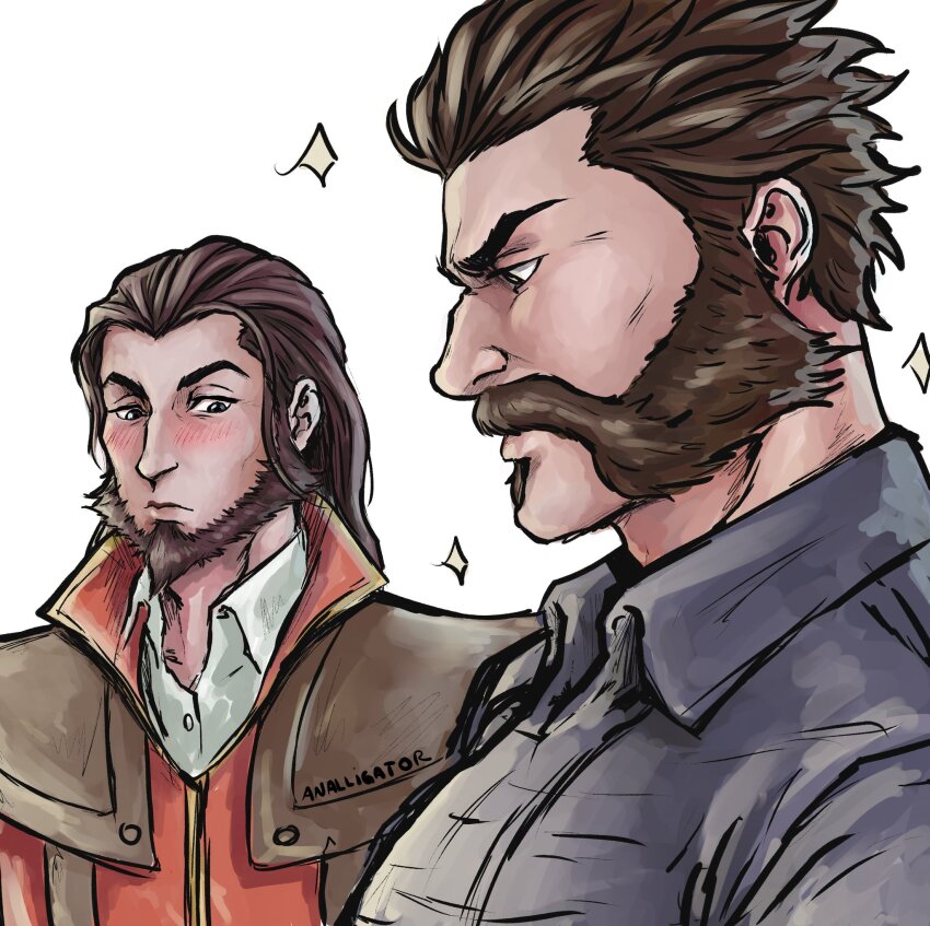 2boys analligator bara beard black_hair black_shirt blush brown_hair closed_mouth collared_shirt couple facial_hair girl_staring_at_guy&#039;s_chest_(meme) graves_(league_of_legends) highres large_pectorals league_of_legends long_hair looking_at_pectorals male_focus meme multiple_boys muscle_envy muscular muscular_male pectoral_focus pectorals red_vest shirt simple_background twisted_fate upper_body vest white_background white_shirt yaoi