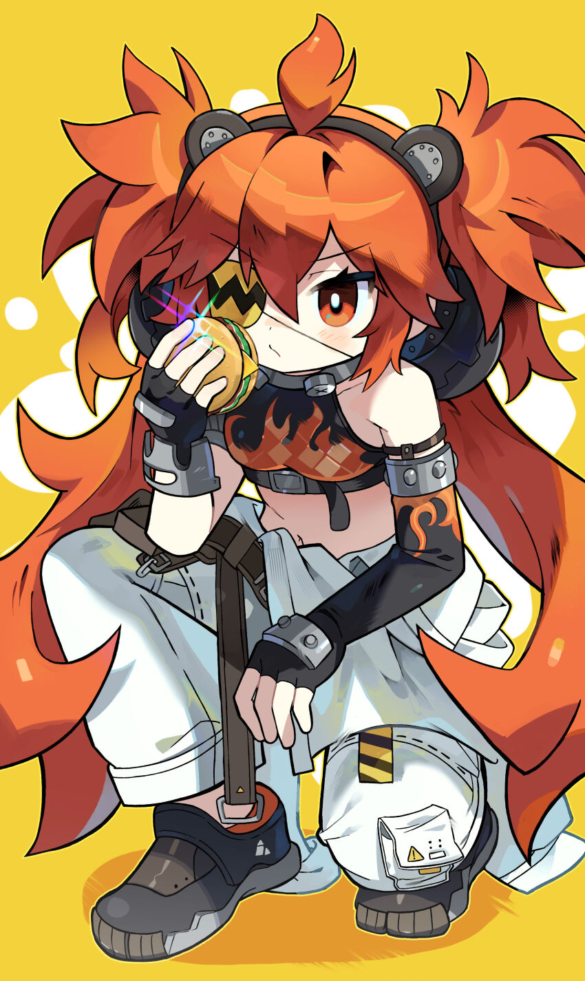 1girl absurdres ahoge animal_ear_hairband animal_ears armlet asymmetrical_gloves bare_shoulders bear_ear_hairband bear_ears belt belt_pouch black_gloves black_hairband black_shirt black_shoes blush breasts bright_pupils brown_belt burger closed_mouth clothes_around_waist collar collarbone commentary crop_top elbow_gloves english_commentary eyepatch fake_animal_ears fingerless_gloves flame_print food gloves hair_between_eyes hair_ornament hairband hand_up highres holding holding_food jewelry koleda_belobog long_hair looking_at_viewer low_twintails metal_collar midriff morizo_(morizoshop) navel one_eye_covered pants pocket pouch print_eyepatch print_gloves print_shirt red_eyes red_hair shadow shirt shoes sidelocks sign simple_background single_elbow_glove sleeveless sleeveless_shirt small_breasts solo squatting stomach thigh_pouch twintails two_side_up uneven_gloves very_long_hair warning_sign white_pants white_pupils yellow_background zenless_zone_zero