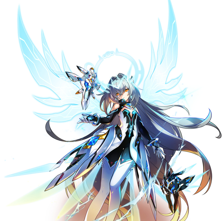 1girl android artist_request bare_shoulders bodysuit bracelet code:sariel_(elsword) contrapposto elsword energy_wings eve_(elsword) expressionless feet_out_of_frame floating grey_hair hair_between_eyes halo highres jewelry long_hair moby_(elsword) neon_trim official_art parted_bangs remy_(elsword) showgirl_skirt solo transparent_background very_long_hair yellow_eyes