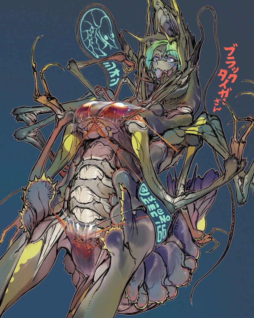 1girl animal_hands antennae arthropod_girl arthropod_limbs bikini blue_background blue_sclera breasts carapace claws colored_sclera colored_skin dark_background extra_arms fangs fewer_digits gradient_hair green_hair green_skin grey_eyes hands_up highres large_breasts looking_at_viewer mandibles monster_girl multicolored_hair multicolored_skin open_mouth orange_bikini original purple_skin shion_humine short_hair shrimp_girl skin_fangs solo standing swimsuit tail upper_body