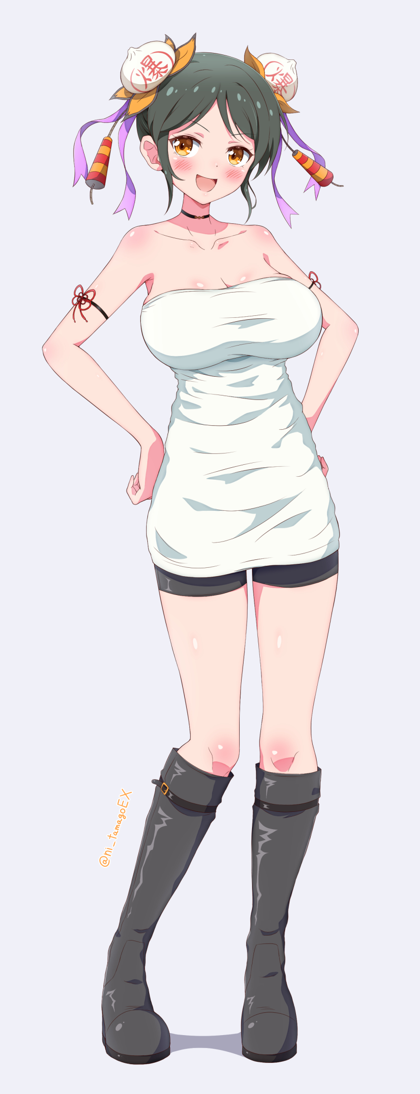 1girl absurdres arm_strap baozi_hair_ornament bare_shoulders black_boots black_hair blush boots breasts choker cleavage collarbone contrapposto double_bun dress eggman_(ni_tamagoex) food-themed_hair_ornament full_body hair_bun hair_ornament hands_on_own_hips highres large_breasts looking_at_viewer meimei_(senran_kagura) open_mouth orange_eyes senran_kagura senran_kagura_estival_versus senran_kagura_shinovi_versus short_dress shorts_under_dress sidelocks smile solo strapless strapless_dress tube_dress white_dress