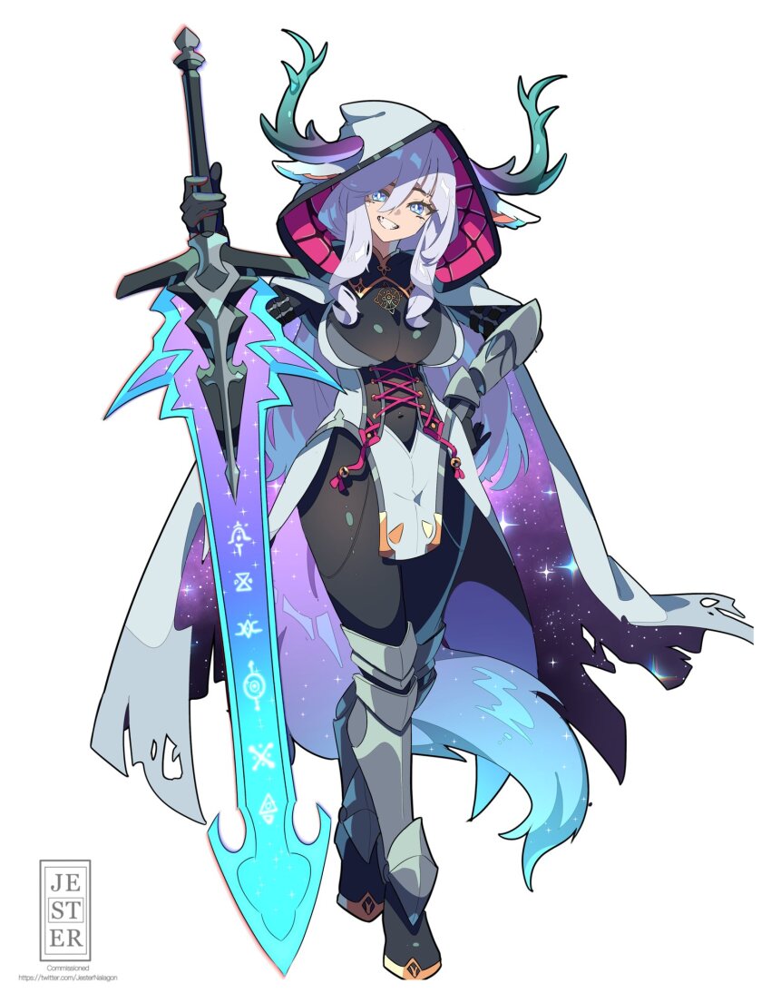 1girl :d animal_ears armor black_bodysuit blue_eyes bodysuit boots breasts cape corset covered_navel full_body gloves grey_hair grin highres holding holding_weapon hood hood_up jesternalagon large_breasts long_hair looking_at_viewer open_mouth original simple_background smile solo standing sword torn_clothes weapon white_background