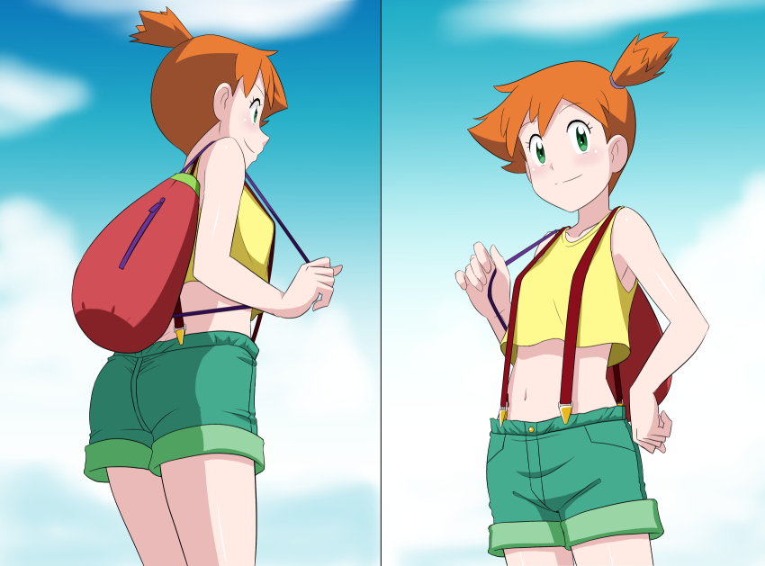 1girl armpits ass asymmetrical_hair blush breasts cowboy_shot denim denim_shorts gen_1_pokemon green_eyes green_shorts highres kakkii legs looking_at_another looking_at_viewer medium_breasts misty_(pokemon) multiple_views navel nintendo orange_hair pokemon pokemon_(anime) pokemon_(classic_anime) ponytail shirt short_shorts shorts side_ponytail smile suspenders sweat sweatdrop takaya_n tank_top thighs upper_body yellow_shirt yellow_tank_top