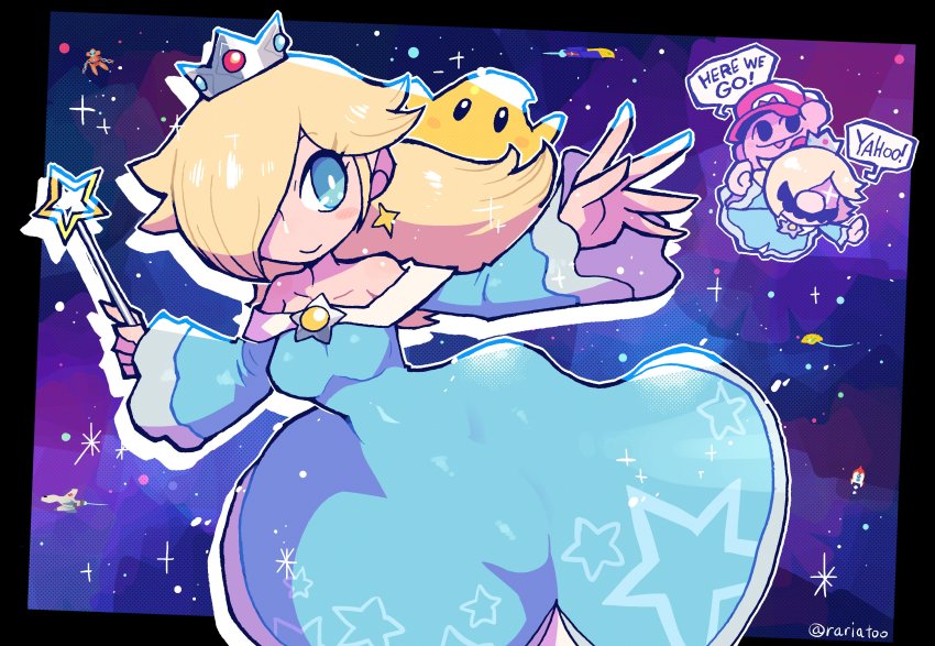 1boy 1girl absurdres blonde_hair blue_dress blue_eyes creatures_(company) crossdressing deoxys dress english_text f-zero facial_hair falcon_flyer game_freak gen_3_pokemon great_fox highres hocotate_freight_steam_ship kirby kirby_(series) luma_(mario) mario mario_(series) metroid mustache mythical_pokemon nintendo off_shoulder outside_border pokemon pokemon_(creature) rariatto_(ganguri) red_headwear rosalina samus&#039;s_gunship space spacecraft speech_bubble star_fox super_mario_galaxy super_smash_bros. wand