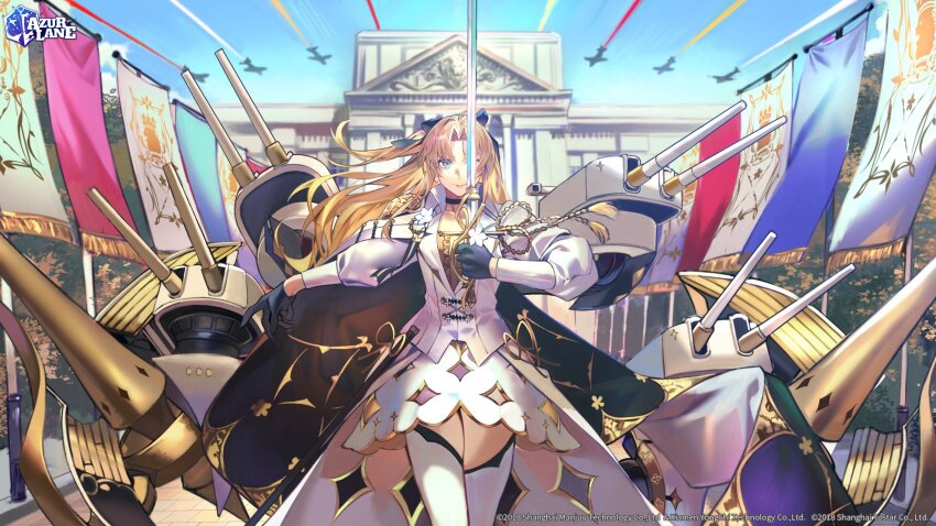 1girl aiguillette aircraft airplane azur_lane banner black_bow black_cape black_choker black_gloves blonde_hair blue_eyes blue_sky bow breasts building cape choker closed_mouth coat commentary contrail cowboy_shot curtained_hair day dress english_commentary flower gloves gold_trim hair_bow high-low_dress highres hiro_(hirohiro_gorira) holding holding_sword holding_weapon long_hair long_sleeves looking_at_viewer medium_breasts military_uniform official_art outdoors parted_bangs rigging second-party_source ship_turret sidelocks sky smile solo standing sword thighhighs vanguard_(azur_lane) watermark weapon white_coat white_dress white_flower white_thighhighs wind