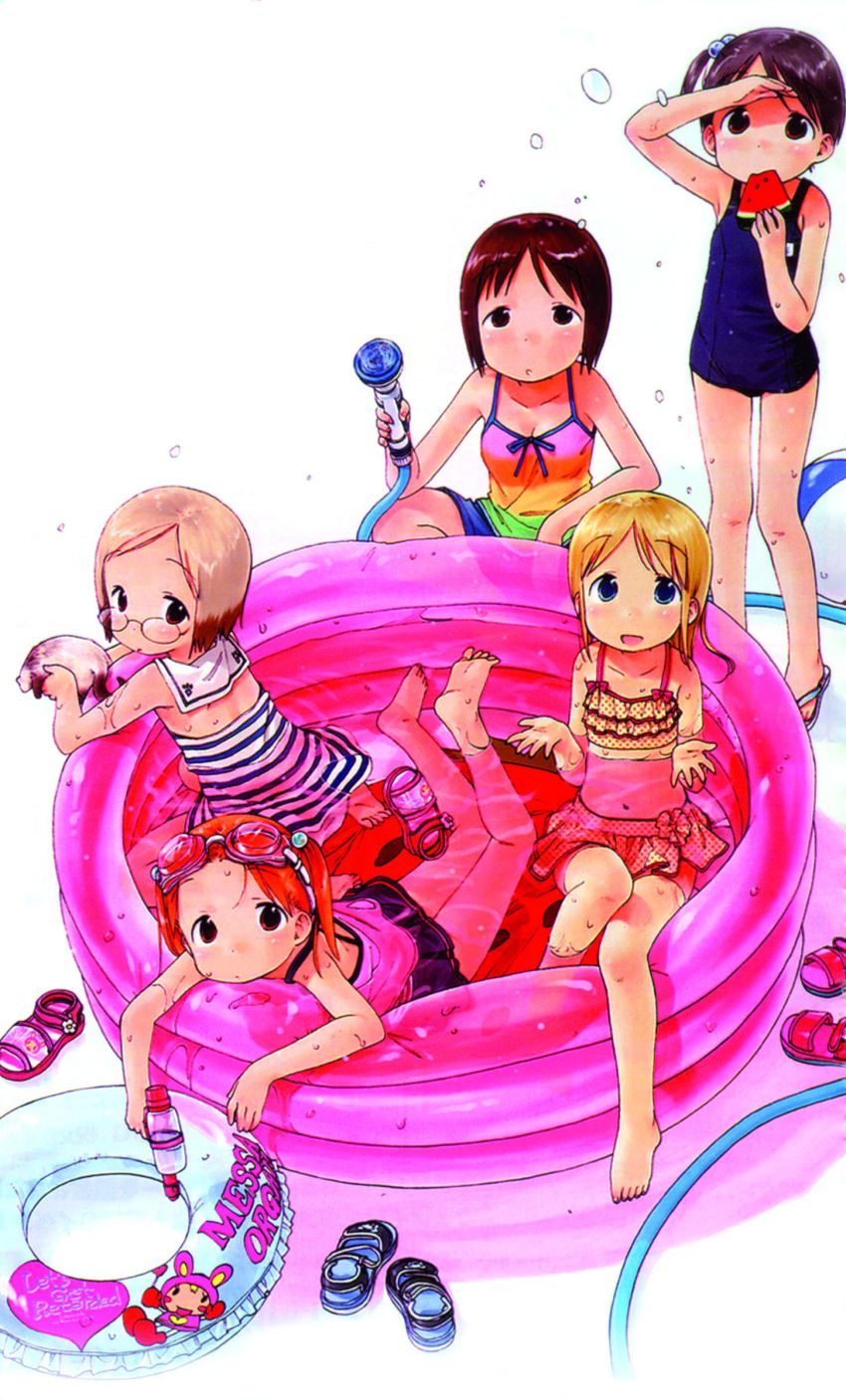 5girls absurdres ana_coppola ball barasui barefoot beachball bikini blonde_hair blue_eyes blush child english_text engrish_text feet flip-flops food frilled_bikini frills fruit glasses goggles highres hose ichigo_mashimaro innertube itou_chika itou_nobue john long_hair matsuoka_miu multiple_girls non-web_source official_art one-piece_swimsuit ranguage sakuragi_matsuri sandals school_swimsuit short_hair siblings sisters slippers spray striped_bikini striped_clothes swim_ring swimsuit tankini toes twintails wading_pool watermelon