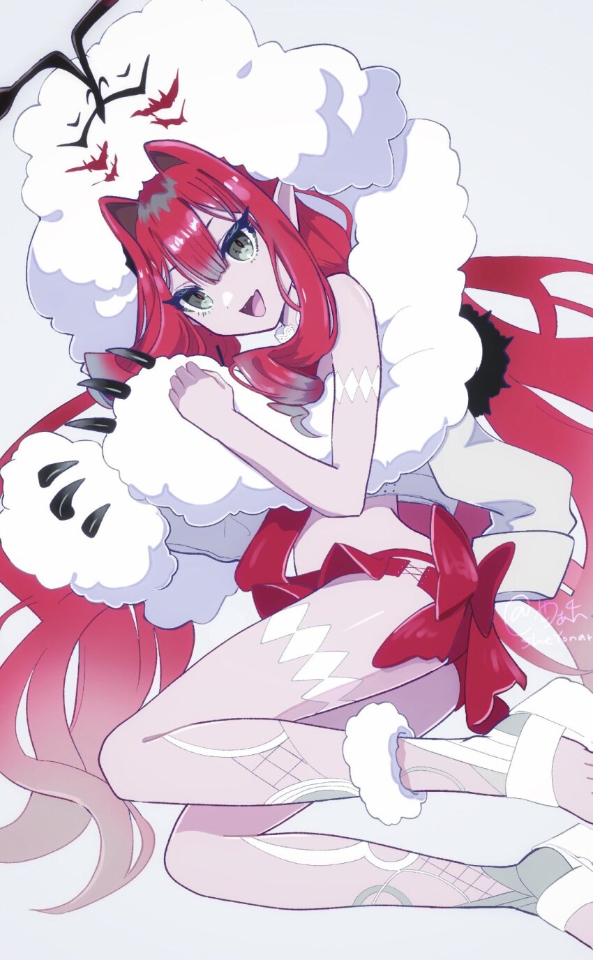 1girl :d baobhan_sith_(fate) baobhan_sith_(swimsuit_pretender)_(fate) baobhan_sith_(swimsuit_pretender)_(first_ascension)_(fate) cernunnos_(fate) character_hood fang fate/grand_order fate_(series) grey_eyes headwear_with_attached_mittens highres long_hair looking_at_viewer lying microskirt on_side open_mouth pink_hair platform_footwear platform_sandals pointy_ears red_skirt sandals sheyona sidelocks skin_fang skirt smile solo white_background