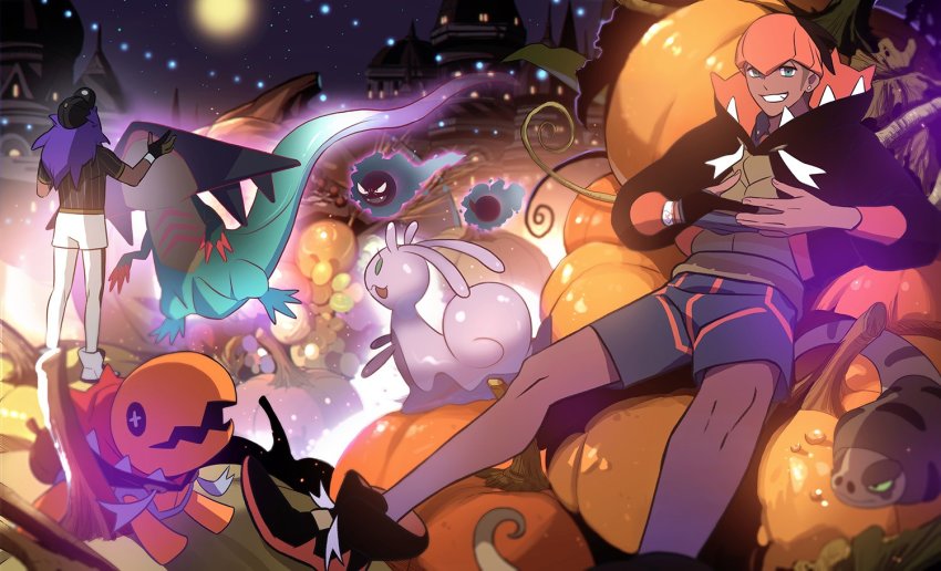 2boys alternate_color baseball_cap black_hair black_hoodie building champion_uniform commentary_request dark-skinned_male dark_skin dragapult dynamax_band earrings gastly gen_1_pokemon gen_3_pokemon gen_6_pokemon gen_8_pokemon gloves gym_leader hat hood hoodie jewelry korean_commentary leon_(pokemon) long_hair male_focus mikripkm moon multiple_boys night nintendo orange_headwear outdoors partially_fingerless_gloves pokemon pokemon_(creature) pokemon_swsh purple_hair raihan_(pokemon) shiny_pokemon shirt shoes shorts silicobra single_glove sky sliggoo smile star_(sky) trapinch