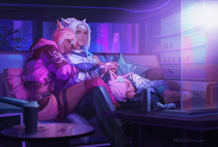 3girls animal_ears annoyed artist_name braid cat_ears cat_girl cat_tail child clenched_teeth closed_eyes commentary controller couch cropped_jacket cushion dated english_commentary eutrope_(ff14) film_grain final_fantasy final_fantasy_xiv game_controller head_on_another&#039;s_shoulder head_rest highres holding holding_controller holding_game_controller indoors jacket lap_pillow lying migaloo miqo&#039;te multiple_girls neyuni_(ff14) on_couch on_side open_mouth pink_hair pink_jacket short_hair siblings sisters smile table tail teeth window yaana_(ff14) yellow_eyes