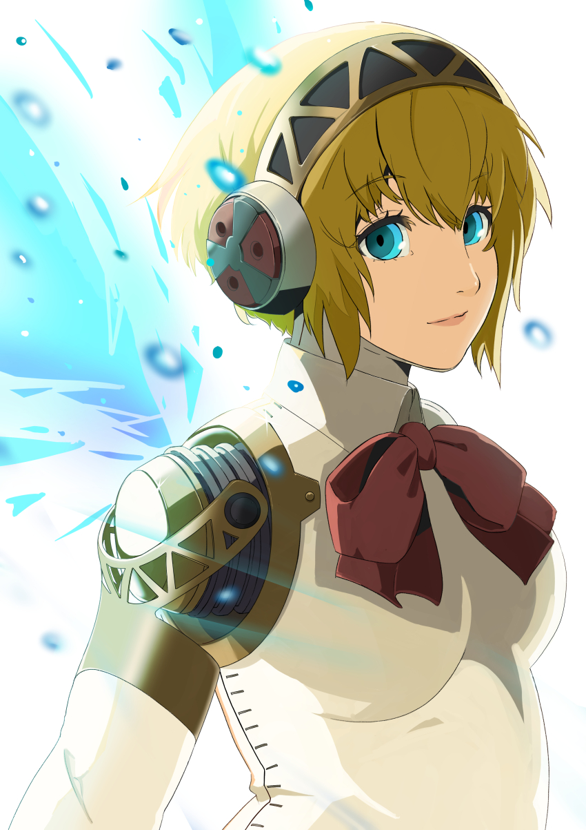 1girl absurdres aigis_(persona) android blonde_hair blue_eyes blue_fire bow breasts closed_mouth commentary_request fire from_side gold_hairband hairband harayama_(mambition) highres joints large_breasts light_particles looking_at_viewer persona persona_3 red_bow robot_ears robot_joints short_hair smile solo upper_body white_background