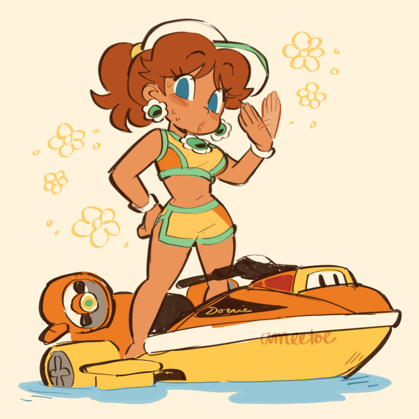 1girl amie_sanchez blue_eyes bra brown_hair commentary deformed earrings english_commentary fanning_self funky_dorrie highres hot jet_ski jewelry looking_at_viewer mario_(series) mario_kart mario_kart_world nintendo ponytail princess_daisy princess_daisy_(swimwear)_(mario_kart_world) shorts simple_background solo sports_bra standing underwear watercraft yellow_bra yellow_shorts