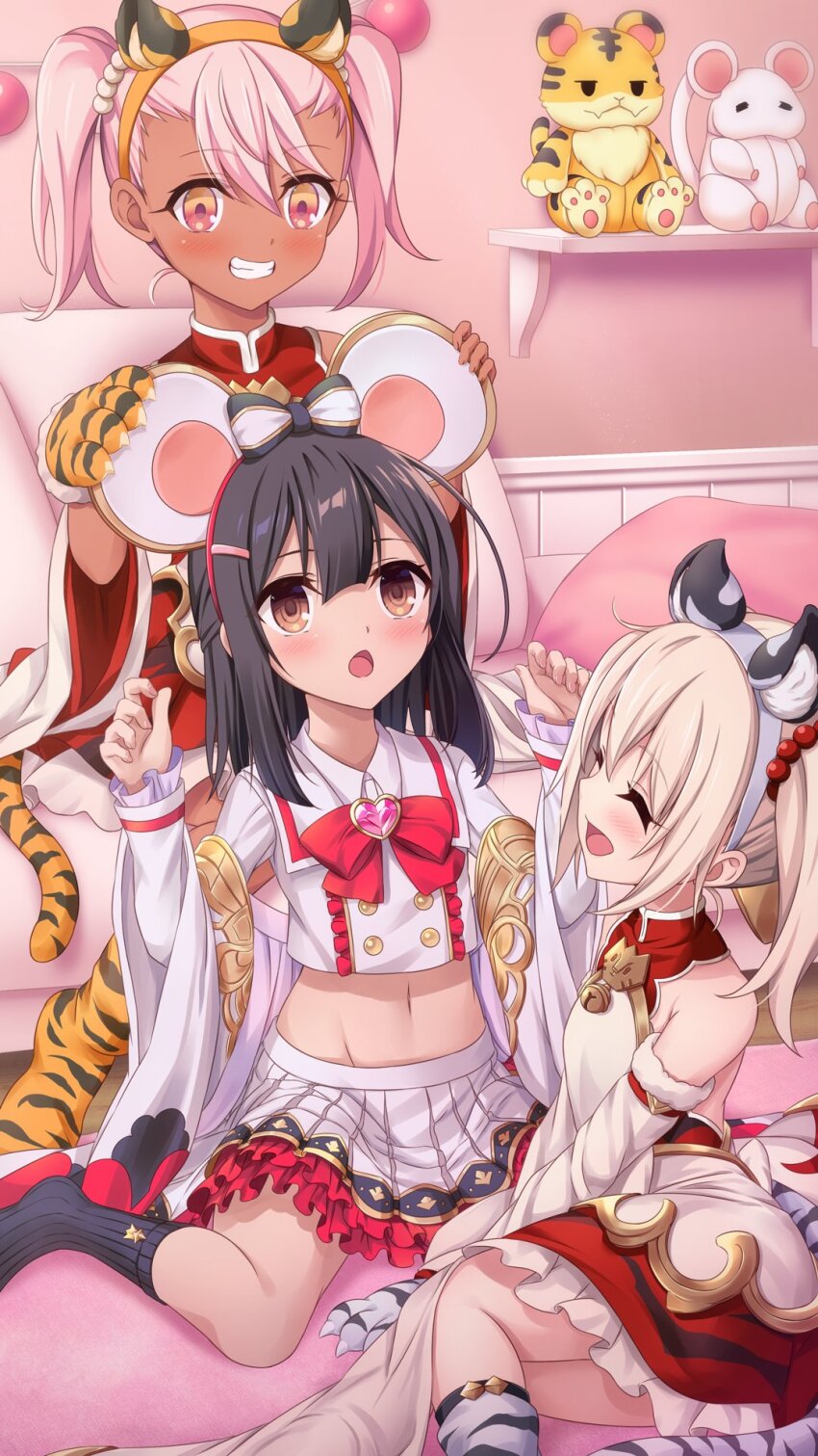 3girls animal_ears bai_(granblue_fantasy) bai_(granblue_fantasy)_(cosplay) bare_shoulders black_hair blush bow bowtie breasts brooch brown_eyes chloe_von_einzbern closed_eyes cosplay cropped_shirt dark-skinned_female dark_skin detached_sleeves dress fake_animal_ears fate/kaleid_liner_prisma_illya fate_(series) granblue_fantasy grin hair_ornament hairband hairclip highres huang_(granblue_fantasy) huang_(granblue_fantasy)_(cosplay) illyasviel_von_einzbern jewelry kneehighs long_hair long_sleeves midriff miyu_edelfelt morokoshi_(tekku) mouse_ears multiple_girls navel open_mouth orange_eyes pink_hair red_skirt sidelocks sitting skirt small_breasts smile socks tail tiger_ears tiger_tail twintails vikala_(granblue_fantasy) vikala_(granblue_fantasy)_(cosplay) white_dress white_hair white_skirt wide_sleeves
