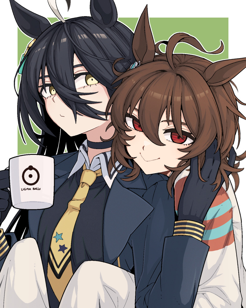 2girls :&gt; agnes_tachyon_(umamusume) ahoge black_jacket black_shirt closed_mouth coat commentary_request cup empty_eyes formicid hair_between_eyes hand_on_another&#039;s_cheek hand_on_another&#039;s_face hand_up highres holding holding_cup horse_girl hug hug_from_behind jacket korean_commentary long_sleeves looking_at_another manhattan_cafe_(umamusume) multiple_girls necktie open_clothes open_jacket red_eyes shirt sleeves_past_fingers sleeves_past_wrists smile umamusume white_coat yellow_eyes yellow_necktie