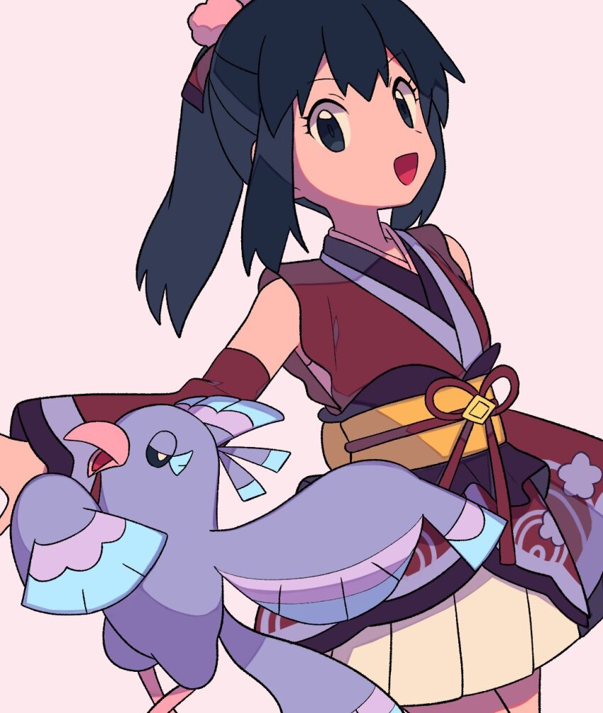 1girl :d alternate_color black_eyes black_hair commentary_request dawn_(new_year&#039;s_2023)_(pokemon) dawn_(pokemon) detached_sleeves eyelashes gen_7_pokemon hair_ornament highres japanese_clothes kimono long_hair looking_at_viewer nintendo official_alternate_costume open_mouth oricorio oricorio_(sensu) pleated_skirt pokemon pokemon_(creature) pokemon_masters_ex ponytail red_kimono sash simple_background skirt smile tyako_089 white_background yellow_sash yellow_skirt