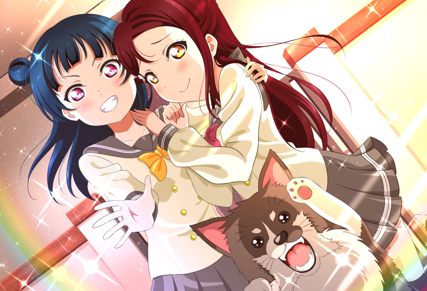 2girls absurdres anko_(love_live!) arm_around_shoulder blue_hair blush bow bowtie buttons clenched_hand commentary_request dog double-breasted dutch_angle grin hair_bun hair_ornament hairclip half_updo hand_on_another&#039;s_shoulder highres isami_don long_hair long_sleeves looking_at_viewer love_live! love_live!_sunshine!! miniskirt multiple_girls outstretched_hand paw_up pleated_skirt purple_eyes rainbow red_hair red_neckwear sakurauchi_riko school_uniform serafuku side_bun single_side_bun skirt smile sparkle tsushima_yoshiko yellow_eyes yellow_neckwear
