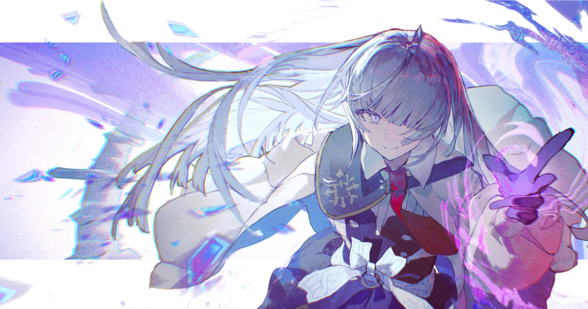 1girl abstract_background arcaea black_skirt commentary english_commentary gloves grey_eyes grey_hair hair_over_one_eye hand_up high-waist_skirt highres insight_(arcaea) jacket jacket_on_shoulders letterboxed lobelia_(saclia) long_hair looking_at_viewer magic necktie purple_background purple_gloves red_necktie shirt skirt smile solo upper_body white_jacket white_shirt