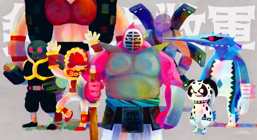 6+boys android angry animal_ears arms_up artist_request biceps chibi crushman_(kinnikuman) dalmatiman dog_boy dog_ears fish_boy grass highres holding holding_sword holding_weapon kinnikuman marlinman max_radial_(kinnikuman) monster_boy multiple_boys muscular outdoors parody peek-a-boo_(kinnikuman) serious shaded_face simple_background smile standing strong_the_budo style_parody sword toon_(style) turboman_(kinnikuman) washing_machine weapon wooden_sword