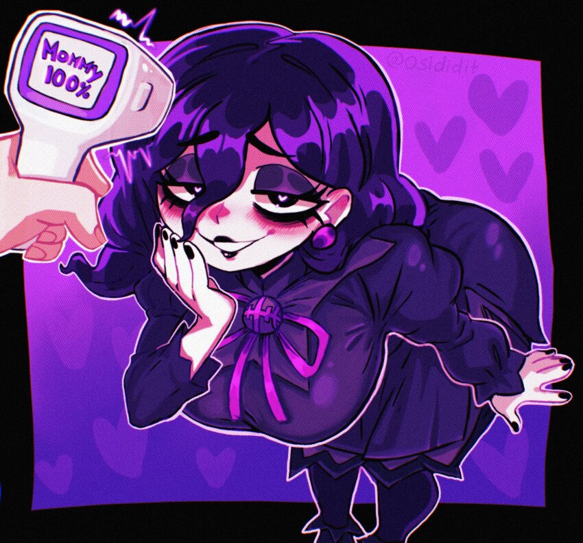 1girl artist_name black_eyes black_leotard black_nails breasts cat_detector_(meme) disembodied_hand dress earrings eyeshadow gradient_background hair_between_eyes hex_maniac_(pokemon) hex_maniac_(pokemon_legends:_z-a) highres infrared_thermometer jewelry leaning_forward leotard light_blush looking_at_viewer makeup mascara medium_breasts medium_hair meme nail_polish nintendo osidid pokemon pokemon_legends:_z-a purple_background purple_dress purple_eyeshadow purple_hair smile solo wavy_hair