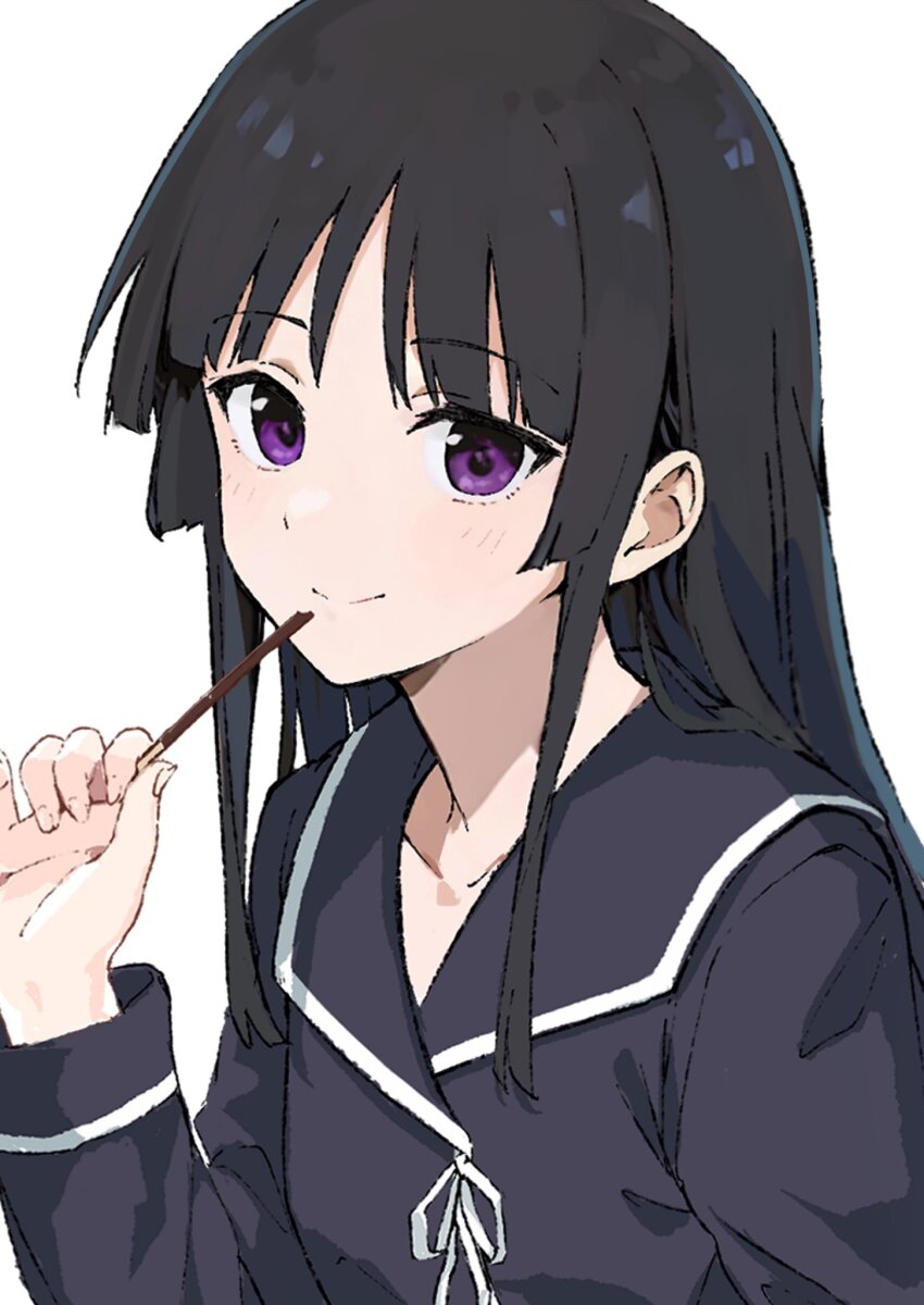1girl black_hair blue_shirt blunt_ends blush closed_mouth collarbone collared_shirt commentary eating english_commentary eyelashes fingernails food ga-rei ga-rei_zero highres holding holding_food holding_pocky isayama_yomi long_hair long_sleeves looking_at_viewer looking_to_the_side pocky purple_eyes rauto ribbon school_uniform shirt sidelocks sideways_glance simple_background smile solo straight_hair upper_body white_background white_ribbon