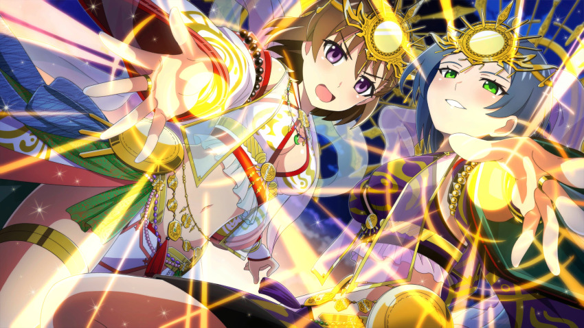 2girls akasaka_miyuki aura blue_hair breast_cutout brown_hair dutch_angle frilled_kimono frills game_cg green_eyes highres higurashi_no_naku_koro_ni higurashi_no_naku_koro_ni_mei japanese_clothes jewelry kimono kurosawa_chisame leg_up light_rays long_hair looking_at_viewer magatama multiple_girls navel necklace night non-web_source official_art open_mouth outdoors parted_lips purple_eyes reaching reaching_towards_viewer short_hair sparkle sun_hair_ornament sunbeam sunlight thighlet v-shaped_eyebrows wide_sleeves