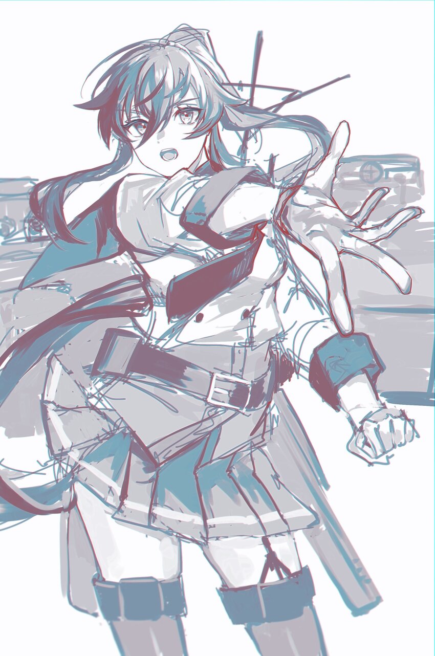 absurdres black_hair black_skirt gloves grey_shirt greyscale highres kabe_(inunufuwafuwa) kantai_collection long_hair monochrome pleated_skirt ponytail ribbon sailor_collar shirt skirt very_long_hair white_gloves white_ribbon yahagi_(kancolle) yahagi_kai_ni_(kancolle)