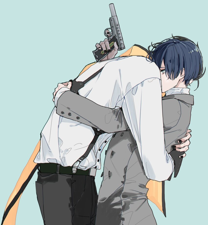 2boys arm_around_back belt belt_buckle black_belt black_hair black_nails black_pants blue_background blue_eyes blue_hair buckle coat commentary_request dress_shirt eyelashes grey_coat gun highres holding holding_gun holding_weapon hug layered_sleeves leaning_forward long_sleeves looking_ahead looking_down male_focus meimei_hituzi mochizuki_ryouji multiple_boys mutual_hug nail_polish pants parted_bangs persona persona_3 profile shirt short_hair simple_background sleeve_cuffs suspenders weapon white_shirt yaoi yuuki_makoto_(persona_3)