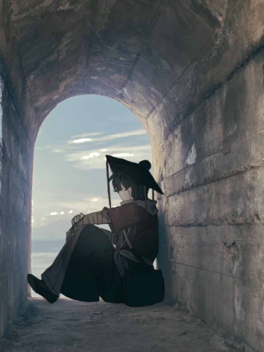 1boy bandaged_arm bandages black_bag black_hair black_hanfu black_hat cen_boyao chinese_clothes chinese_commentary commentary_request hanfu hat highres huayangshan_jishi jacket male_focus photo_background qiunai404 red_jacket short_hair short_sleeves sitting solo