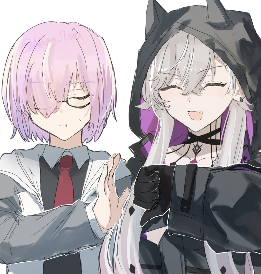 1234eabc 2girls black_gloves closed_eyes earrings false_smile fang fate/grand_order fate_(series) glasses gloves grey_hair hair_over_one_eye highres hood hooded_jacket jacket jewelry lilith_(fate) mash_kyrielight multiple_girls necktie purple_hair red_necktie smile stop_(gesture) thumbs_down twintails twitter_username white_background