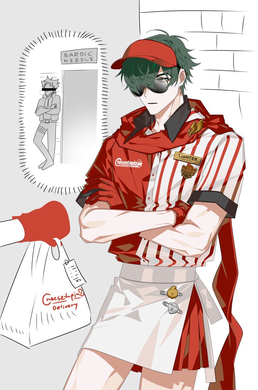 1boy absurdres alternate_costume baseball_bat billy_kid cowboy_shot crossed_arms gloves green_eyes green_hair hair_between_eyes highres lighter_(zenless_zone_zero) looking_ahead male_focus mzet red_gloves serious short_hair short_sleeves sidelocks simple_background standing sunglasses zenless_zone_zero
