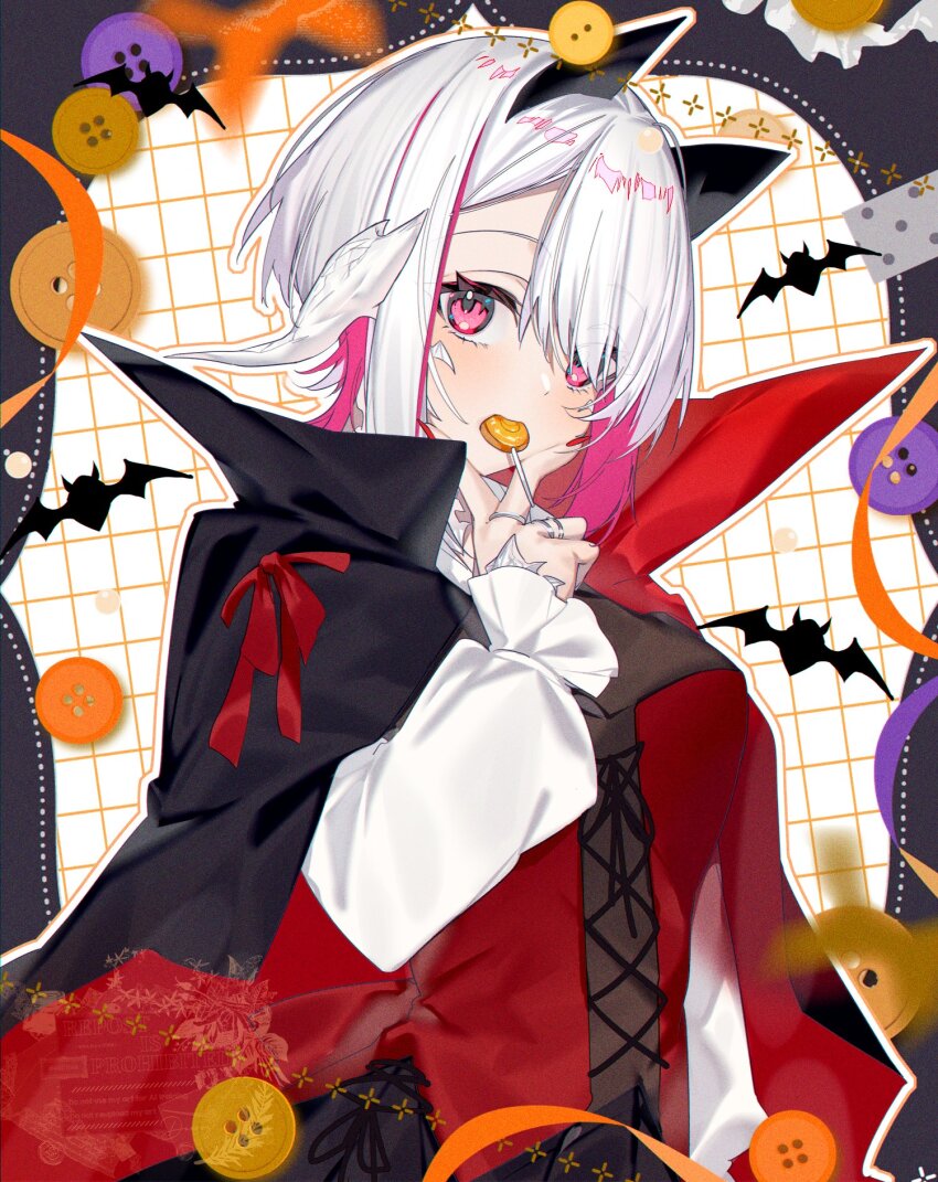 1girl animal_ears au_ra black_cape cape collared_cape dragon_girl dragon_horns fake_animal_ears final_fantasy final_fantasy_xiv highres horns jewelry lollipop_in_mouth looking_at_another motsuni_(lxxe1120) multicolored_hair multiple_rings pink_hair red_cape red_eyes red_vest ring scales shirt short_hair solo two-sided_cape two-sided_fabric two-tone_cape two-tone_hair vest warrior_of_light_(ff14) white_hair white_shirt