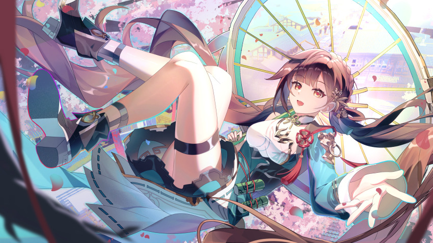 1girl absurdres ankle_belt black_boots boots braid brown_eyes brown_hair catmelon_(user_melon010203) chinese_clothes chinese_commentary commentary_request crown_braid dress green_dress hair_ornament highres holding holding_umbrella honkai_(series) honkai_impact_3rd li_sushang li_sushang_(peregrine_sword) long_hair long_sleeves open_mouth outstretched_hand parasol smile solo thigh_strap umbrella very_long_hair