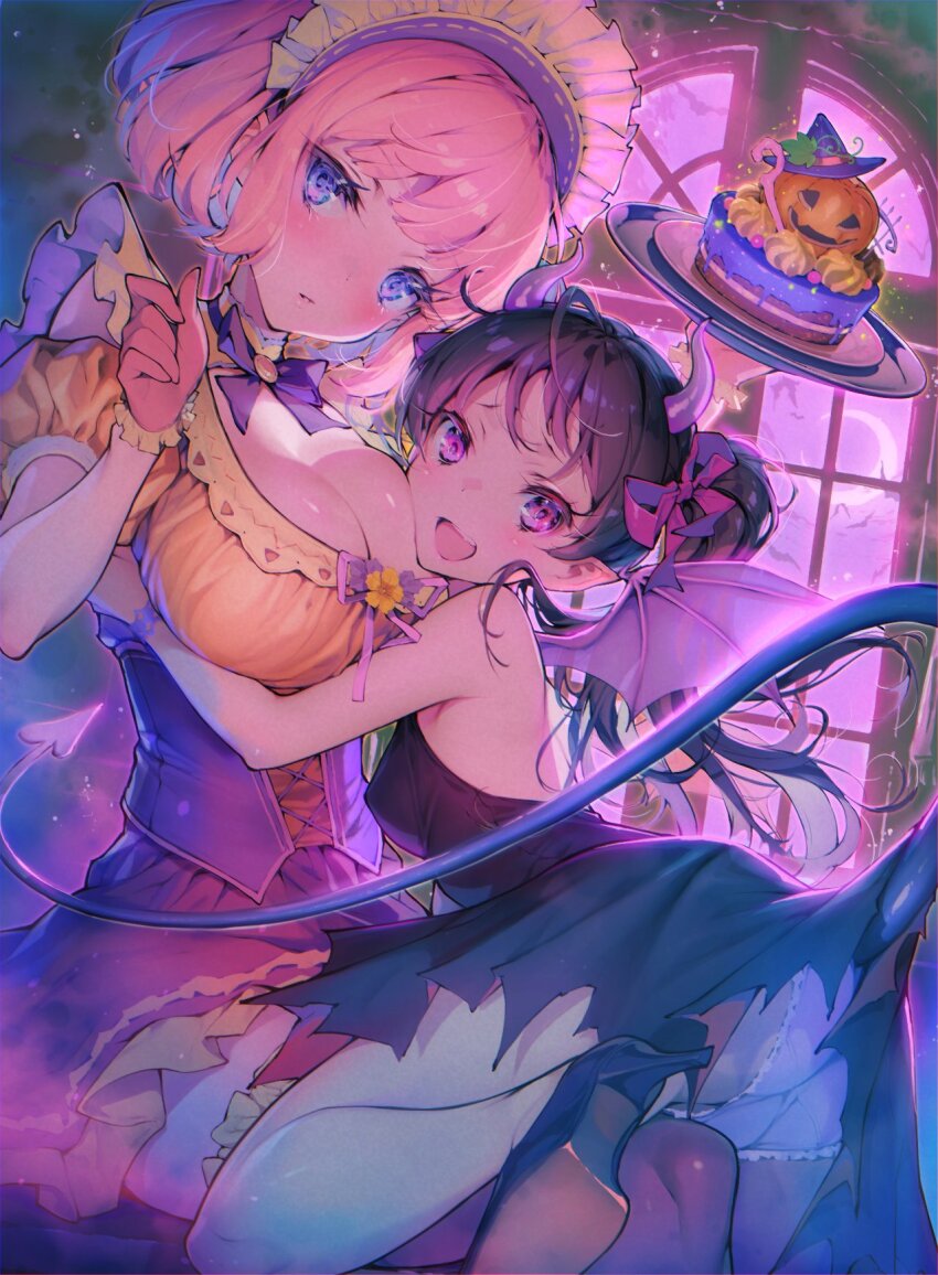 2girls ass bare_shoulders bat_(animal) black_dress black_hair blush breasts cake cheek-to-breast cleavage commentary_request corset crescent_moon demon_girl demon_horns demon_tail demon_wings dress food gloves halloween highres holding holding_plate horns hug indoors jack-o&#039;-lantern large_breasts long_hair maid maid_headdress moon multiple_girls night open_mouth original panties pink_eyes pink_hair plate ponytail purple_eyes short_hair short_sleeves small_breasts smile strapless strapless_dress tail tinkle_bell underwear window wings