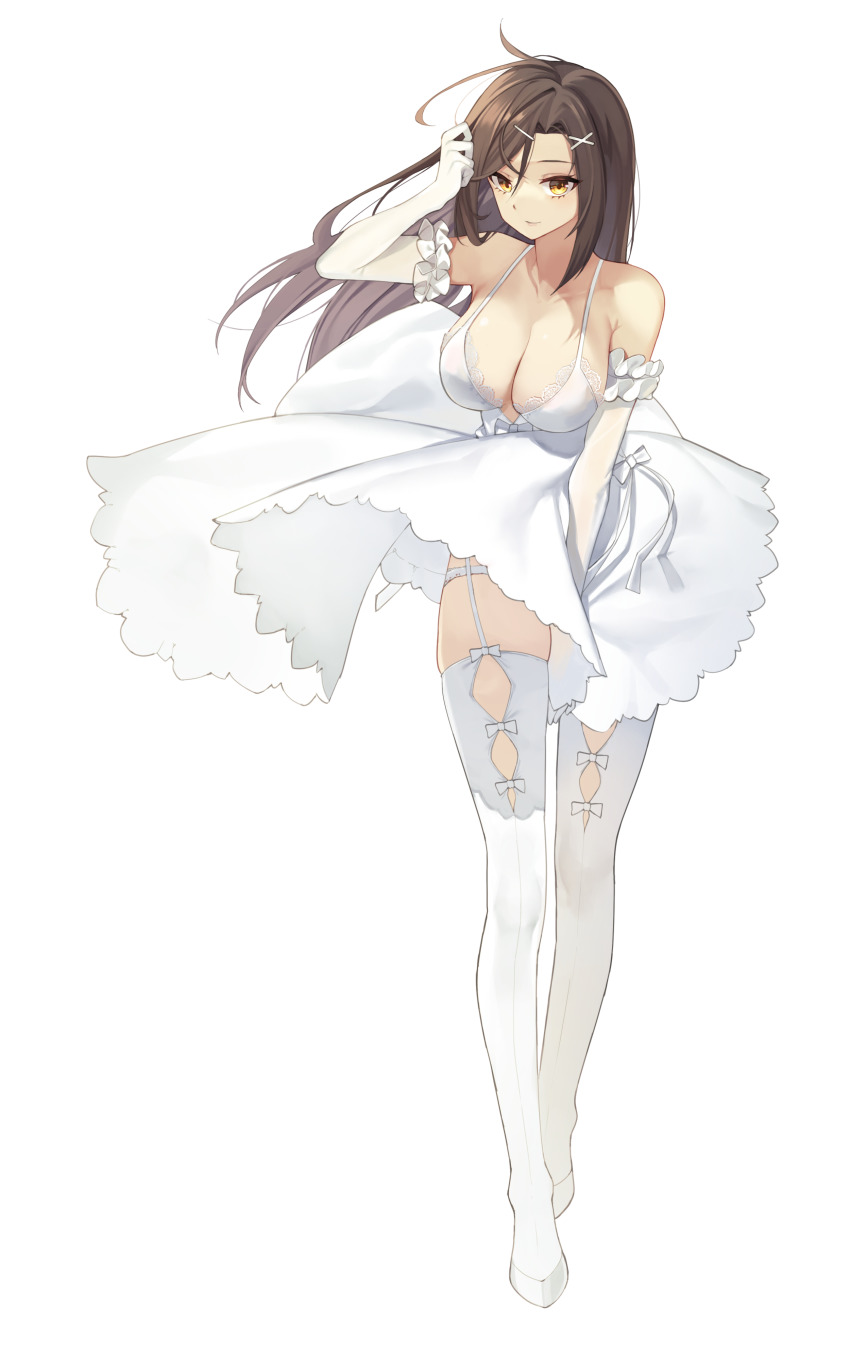 1girl absurdres alternate_costume argyle_clothes argyle_cutout arm_up between_legs bow breasts brown_eyes brown_hair christina_brecht chukibabo2 cleavage clothing_cutout collarbone commentary_request commission counter:side dress elbow_gloves eyebrows_hidden_by_hair floating_hair frilled_gloves frills full_body garter_straps gloves hair_between_eyes hair_ornament hairclip hand_between_legs hand_in_own_hair highres korean_commentary lace lace-trimmed_dress lace_trim large_breasts leaning_forward long_hair looking_at_viewer parted_bangs simple_background skindentation smile solo standing thighhighs wedding_dress white_background white_footwear white_thighhighs wind wind_lift x_hair_ornament
