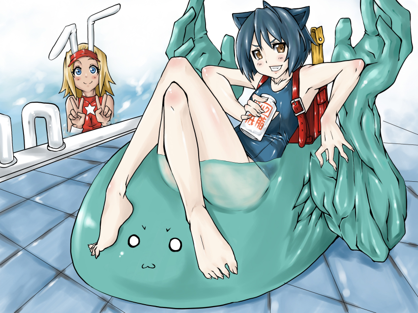 2girls :3 animal_ears aq_interactive arcana_heart arcana_heart_2 backpack bag blonde_hair blue_eyes blue_hair blush bottle breasts catherine_kyoubashi collarbone daidouji_kira double_v examu feet full_body grin highres looking_at_viewer makai milk milk_bottle multiple_girls muscular one-piece pool rabbit_ears randoseru school_swimsuit short_hair sitting slime small_breasts smile swimsuit teeth v visor_cap yellow_eyes
