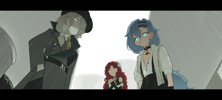 1boy 2girls 37_(reverse:1999) 6_(reverse:1999) 6_(time_and_location)_(reverse:1999) absurdres alternate_costume bare_shoulders black_choker black_hat black_pants blonde_hair blue_eyes blue_hair choker clothing_cutout coat daku_k flower from_below green_eyes green_necktie grey_coat hair_between_eyes hair_flower hair_ornament hair_over_one_eye hand_in_pocket hands_up hat highres letterboxed long_hair looking_at_viewer low_ponytail medium_hair multiple_girls necktie official_alternate_costume one_eye_covered outdoors pants parted_lips ponytail rain red_hair reverse:1999 shirt shoulder_cutout sky sleeves_past_wrists sophia_(reverse:1999) suspenders trash_can trench_coat upper_body white_flower white_shirt white_sky