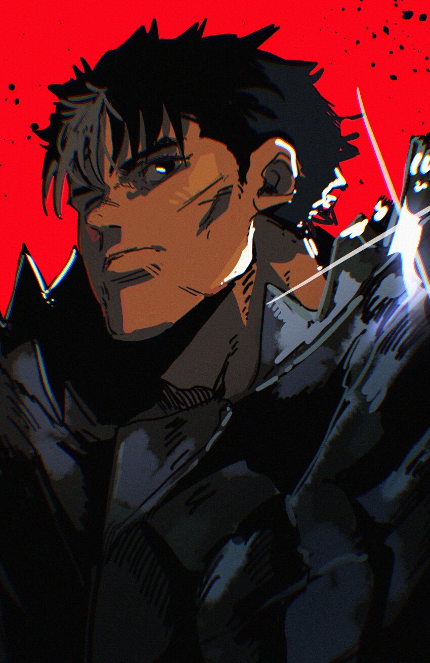 1boy absurdres armor berserk berserker_armor black_eyes black_hair cheekbones choppy_bangs chromatic_aberration closed_mouth dark-skinned_male dark_skin diffraction_spikes film_grain from_below guts_(berserk) highres isaacchief300 looking_afar male_focus one_eye_closed red_background short_hair simple_background solo three_quarter_view upper_body