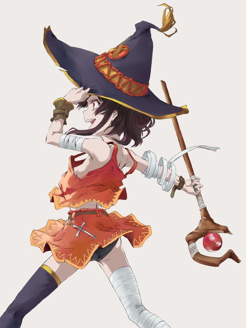 1girl :d adapted_costume arm_up bandaged_arm bandaged_leg bandages bare_shoulders black_hat black_panties black_thighhighs breasts brown_hair commentary_request cross dress fang feet_out_of_frame from_behind hand_up hat highres kono_subarashii_sekai_ni_shukufuku_wo! legs_apart loli mage_staff marutaya medium_hair megumin nipples open_mouth panties red_dress red_shirt red_skirt revision shirt skirt small_breasts smile solo staff striped_clothes striped_panties teeth thighhighs underwear upper_teeth_only witch_hat