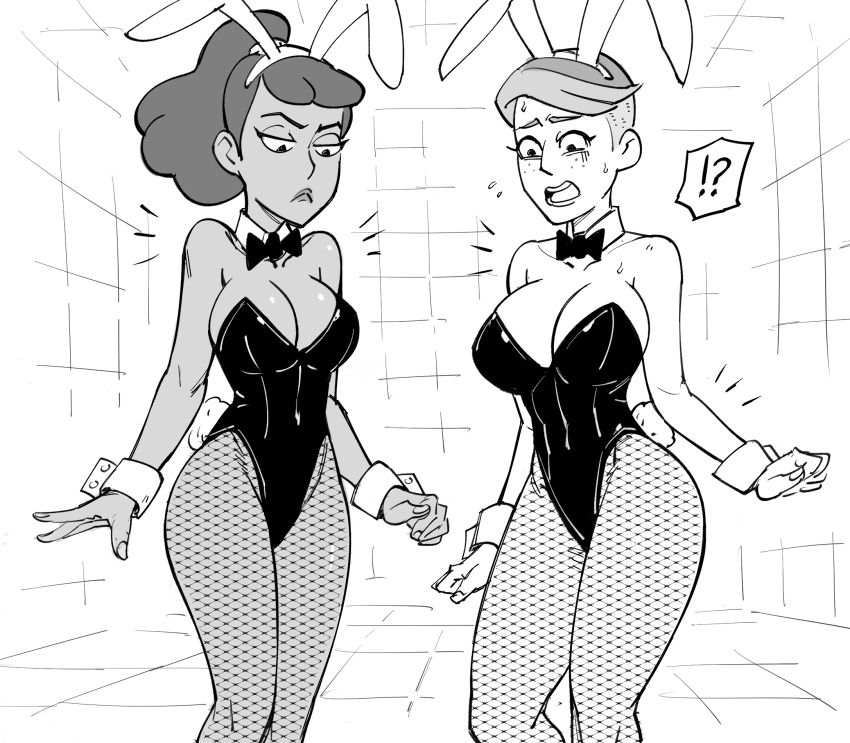 !? bb_(baalbuddy) beckett_mariner beckett_mariner_freeman black_leotard bow bowtie d&#039;vana_tendi dark-skinned_female dark_skin detached_collar fishnet_pantyhose fishnets highres leotard pantyhose playboy_bunny speech_bubble star_trek star_trek:_lower_decks strapless strapless_leotard