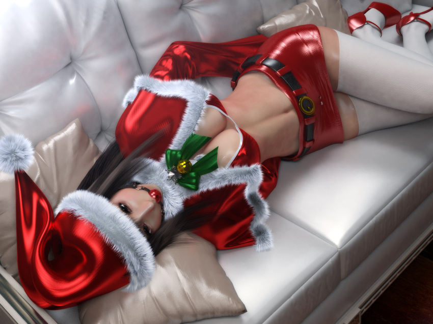 3d ball_gag bdsm belt black_hair brown_eyes covered_erect_nipples gag hat highres incise_soul m-rs navel nipples noncon santa_claus thighhighs